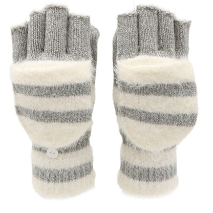 Pair of gray and white striped fingerless gloves on a white background