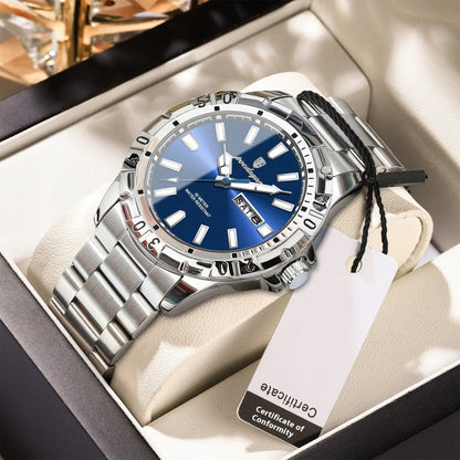 Men's Swiss quartz dress watch with blue dial and silver metal bracelet, round bezel