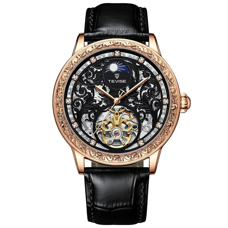 Luxury watch with black leather strap and intricate design on a white background