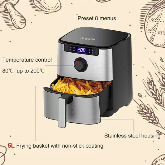Air fryer with features highlighted on a beige background