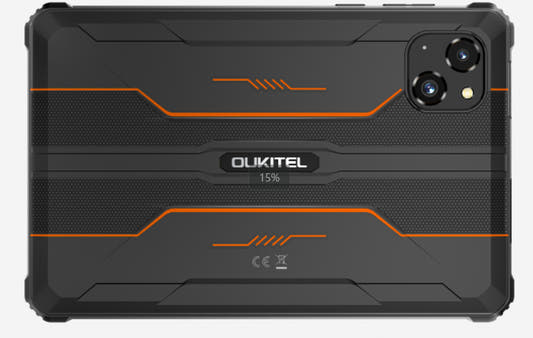 Rugged smartphone tablet back panel with dual rear cameras and orange accents