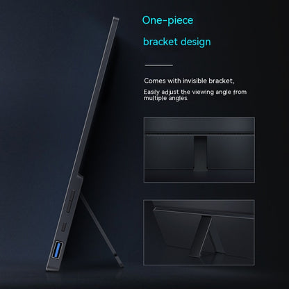 Black computer monitor stand with adjustable bracket on a dark background