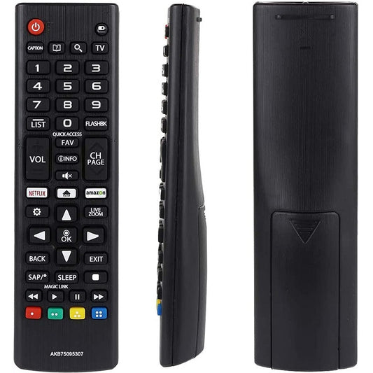 Black electronic remote control with various buttons on a white background
