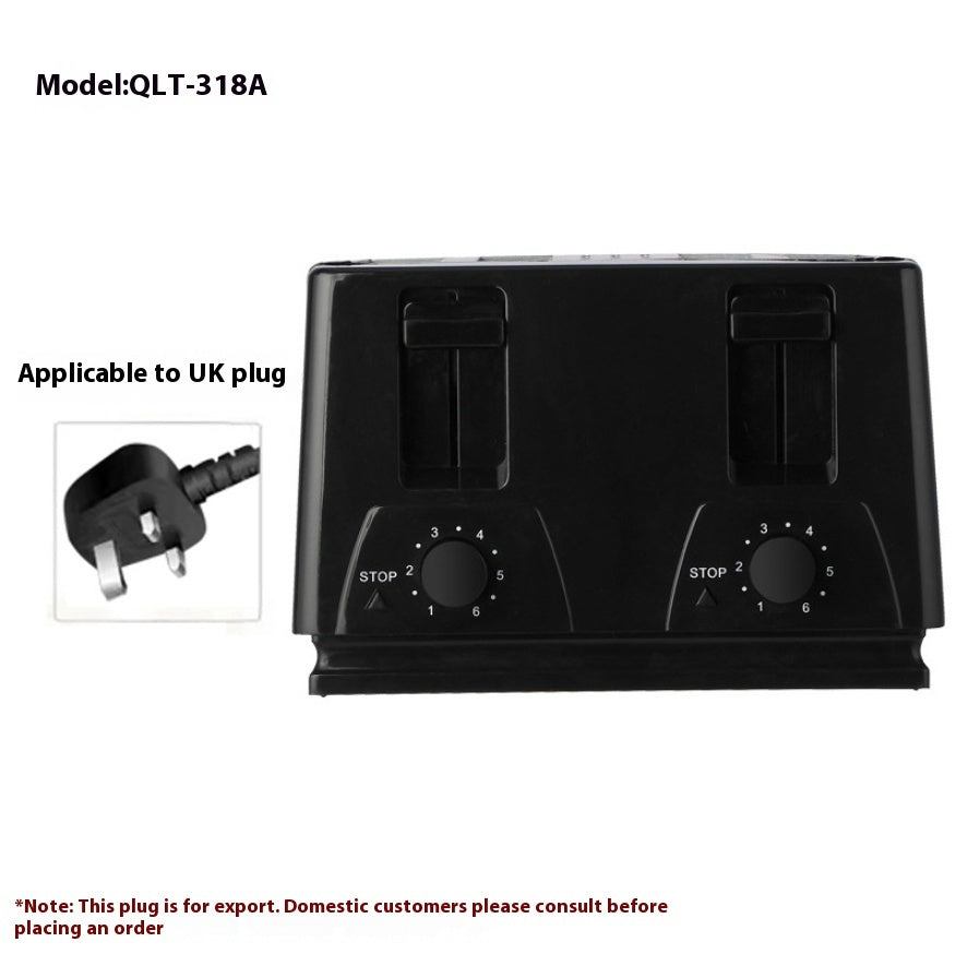 Black electronic device with multiple outlets and a UK plug adapter on a white background