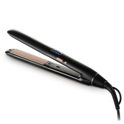 Black hair straightener with digital display on a white background