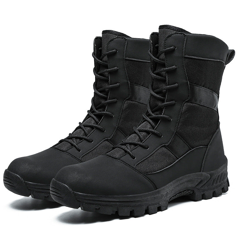 Black tactical boots with laces on a white background