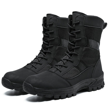 Black tactical boots with laces on a white background