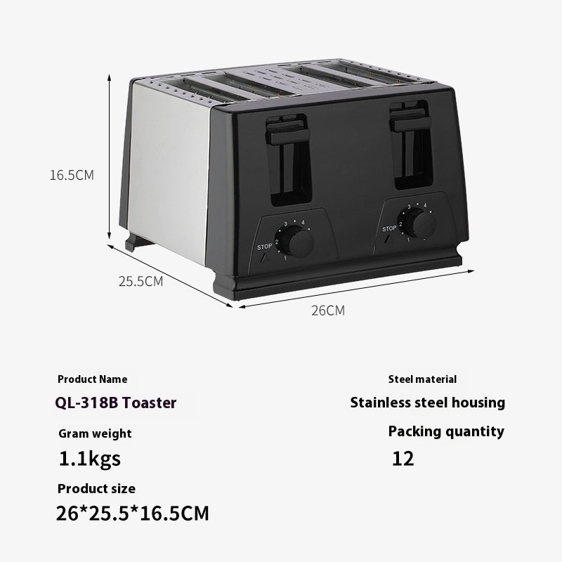 Black toaster with dimensions and product details on a white background