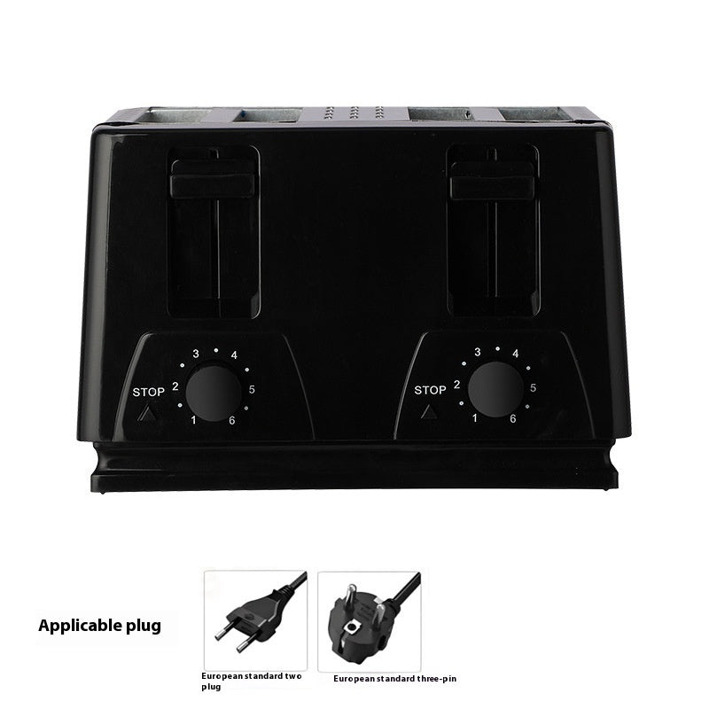 Black toaster with control knobs on a white background