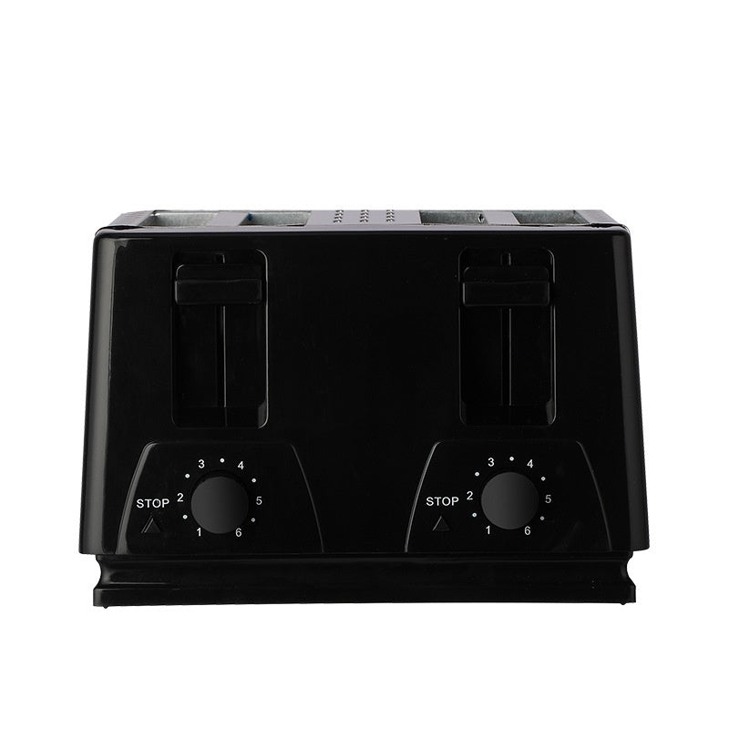 Black toaster with control knobs on a white background
