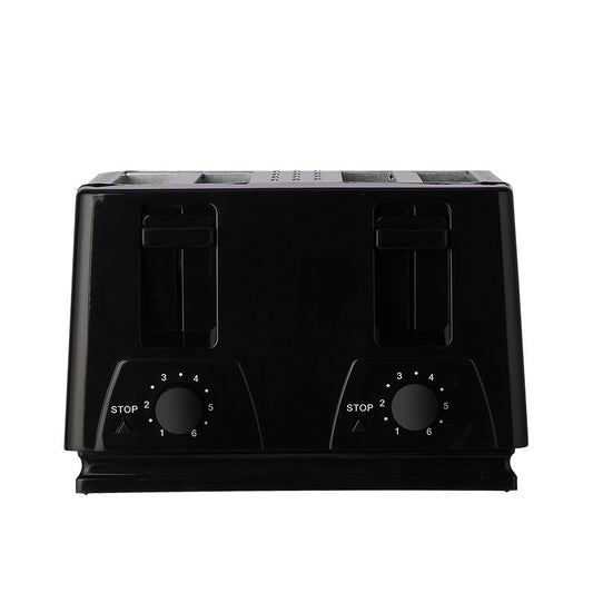 Black toaster with control knobs on a white background