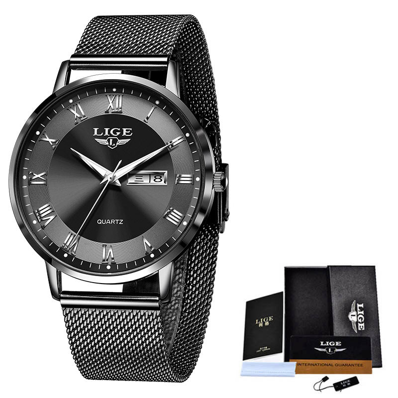 Black wristwatch with mesh band and LIGE branding, including packaging on a white background.