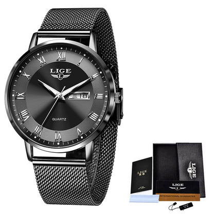 Black wristwatch with mesh band and LIGE branding, including packaging on a white background.