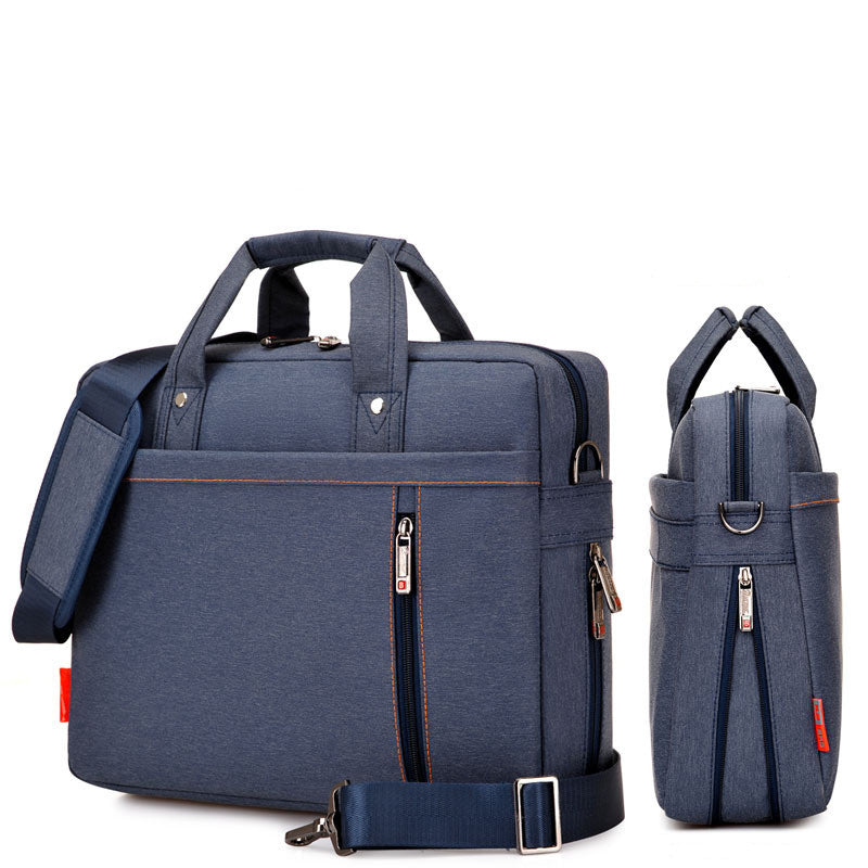 Blue waterproof laptop bag with front zipper divider, top handles, and shoulder strap