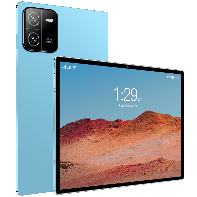 Blue tablet with desert landscape on screen against a white background