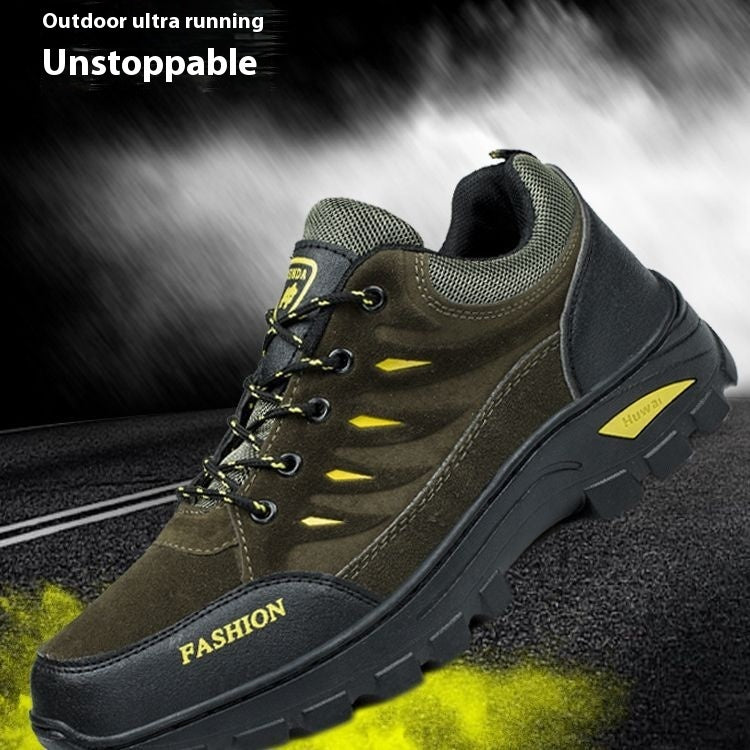 Brown and black running shoe with yellow accents on a dark background