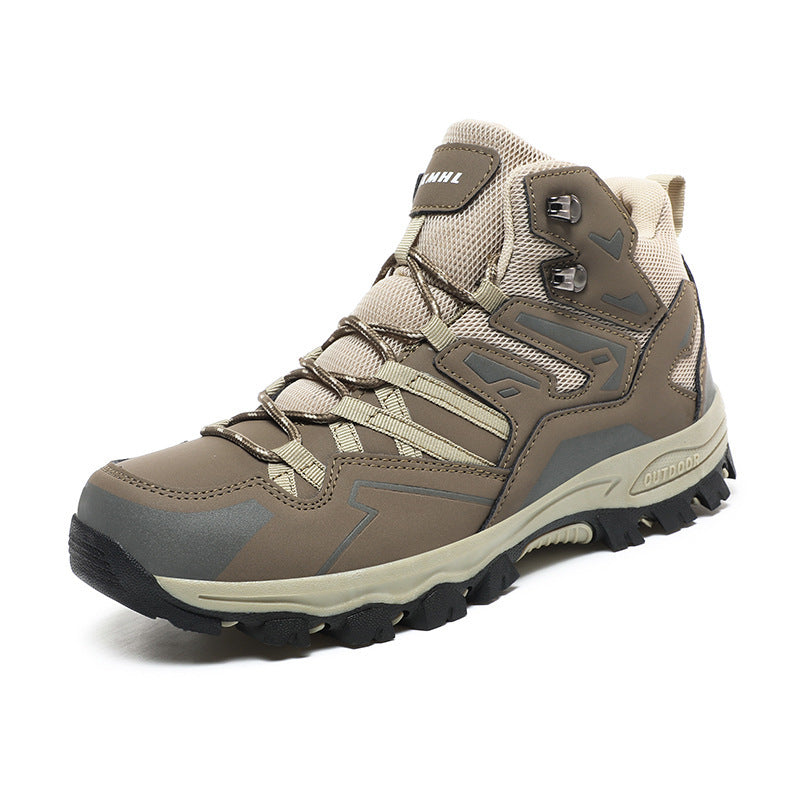 Brown hiking boot with black sole on a white background