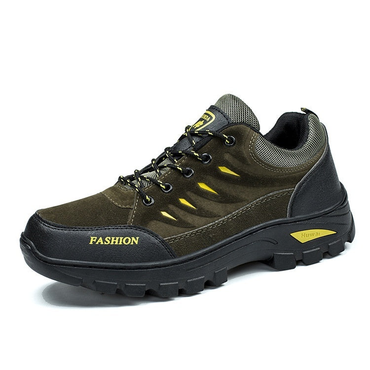 Brown hiking shoe with black sole on a white background
