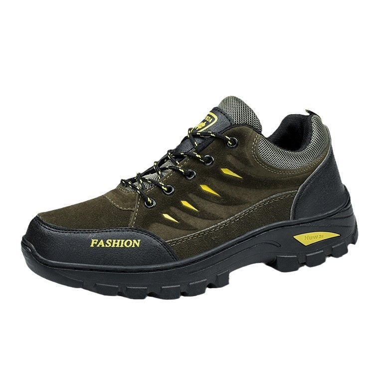Brown hiking shoe with black sole on a white background