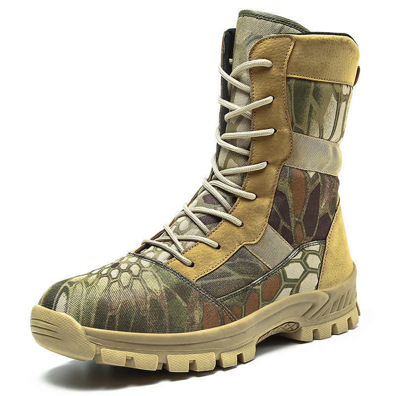Camouflage boot with white laces on a white background