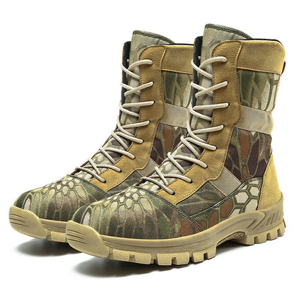Camouflage boots with white laces on a white background