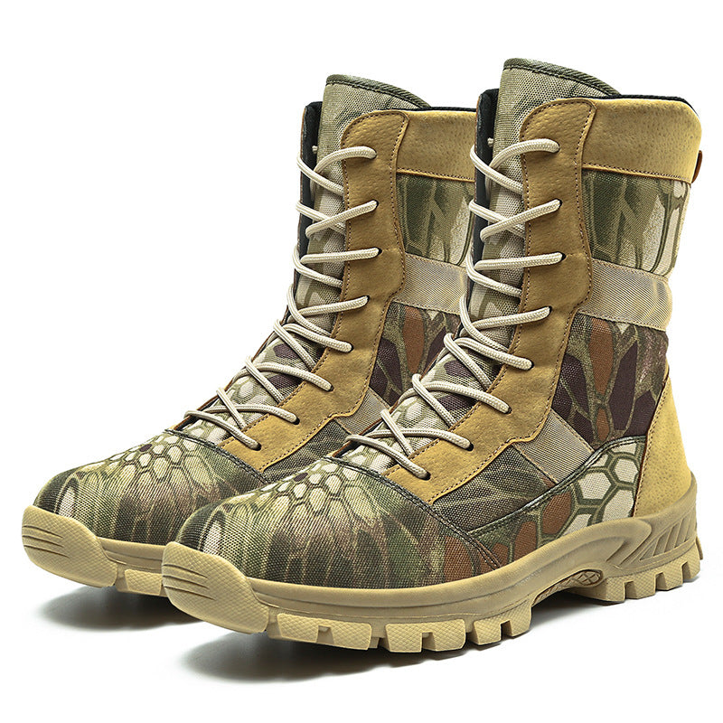 Camouflage boots with white laces on a white background