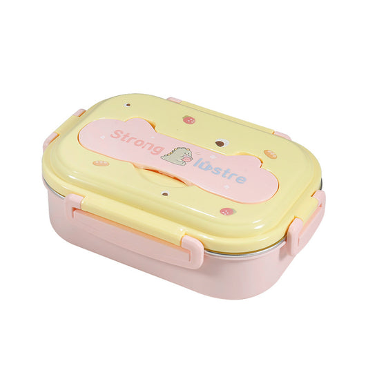 Pink and yellow lunch box with cartoon design and secure locking lid