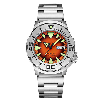Diver Wristwatch with a silver band and orange and green face on a white background