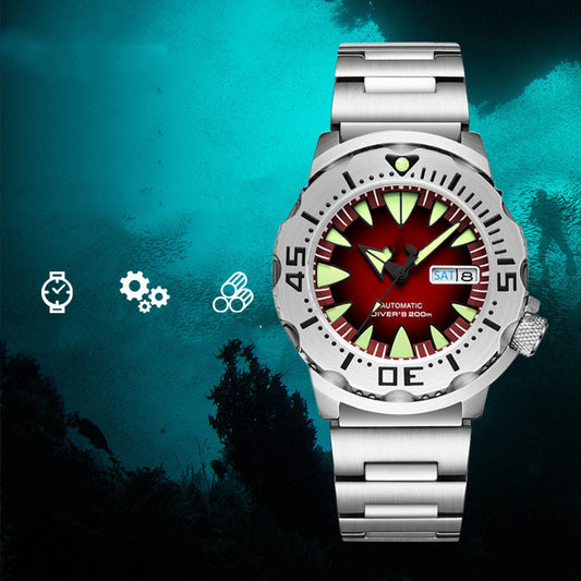 Diving wristwatch with a red and Luminous face on a blue underwater-themed background