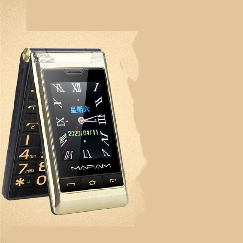 Flip phone with clock display on a beige background