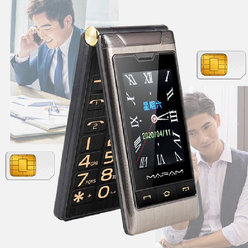 Flip phone with digital display and gold accents, shown open on a white background.