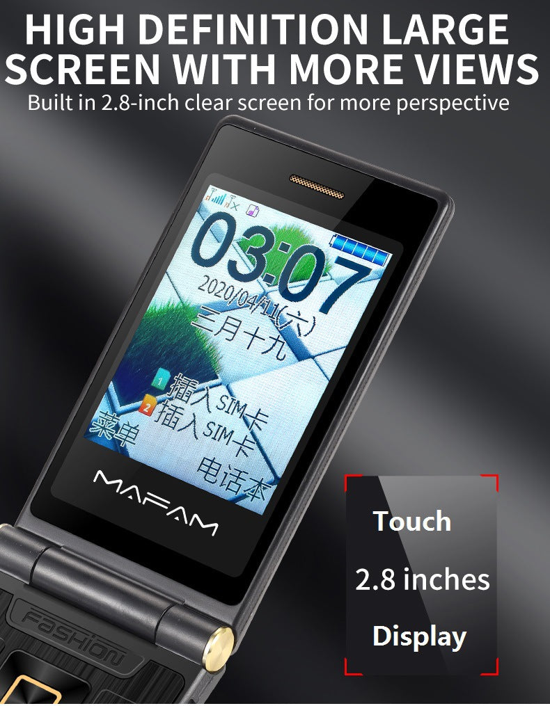 Flip phone with large screen displaying time and date, branded 'Mafam', on a dark background.