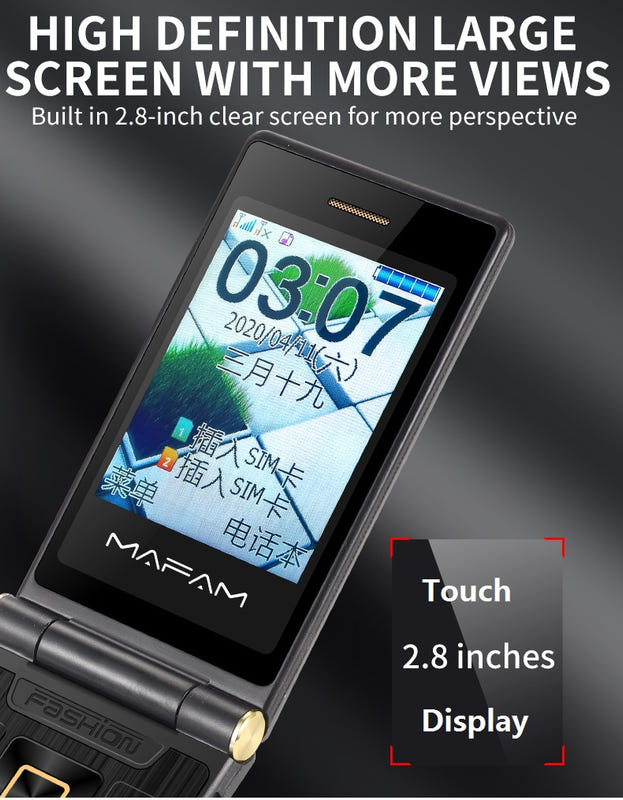 Black flip phone with 2.8-inch touchscreen display and front keypad
