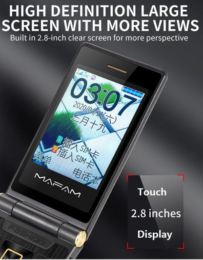 Black flip phone with 2.8-inch touchscreen display and front keypad
