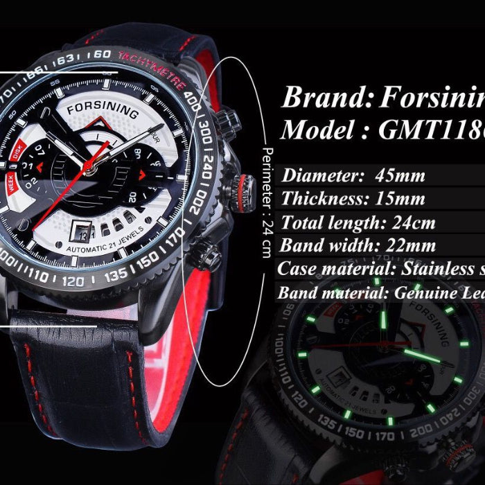 Forsining watch with black and red strap on a black background
