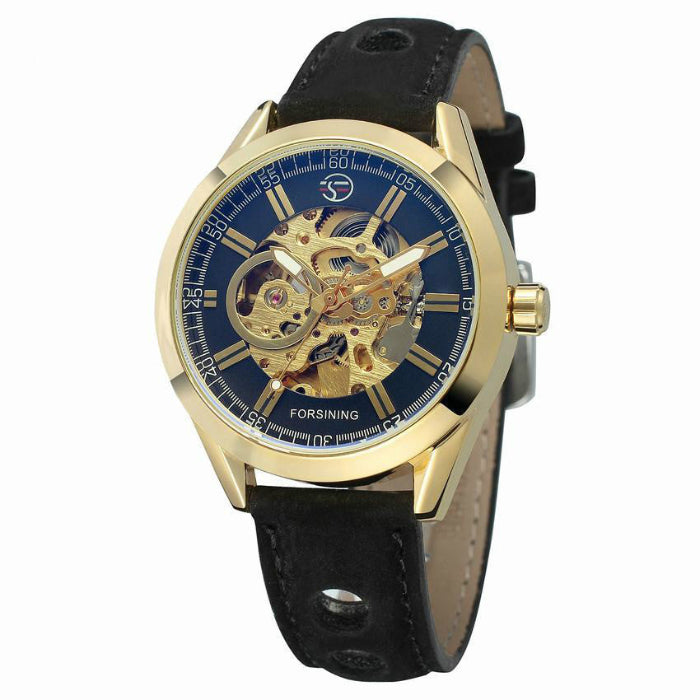 Gold and black watch with visible brand name on a white background