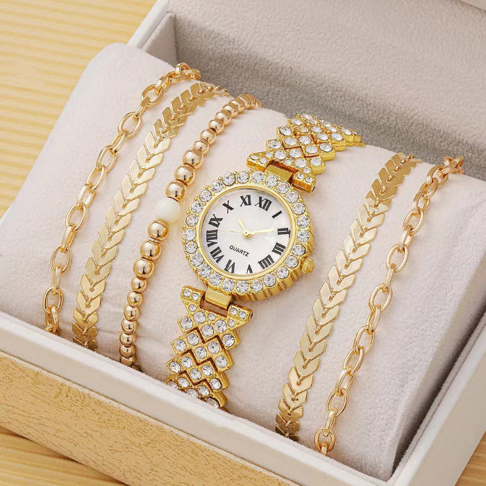 Gold-tone analog crystal watch with multiple chain and bead bracelets set