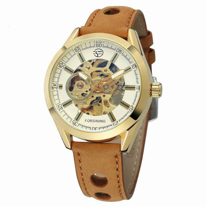 Gold wristwatch with a brown leather strap on a white background