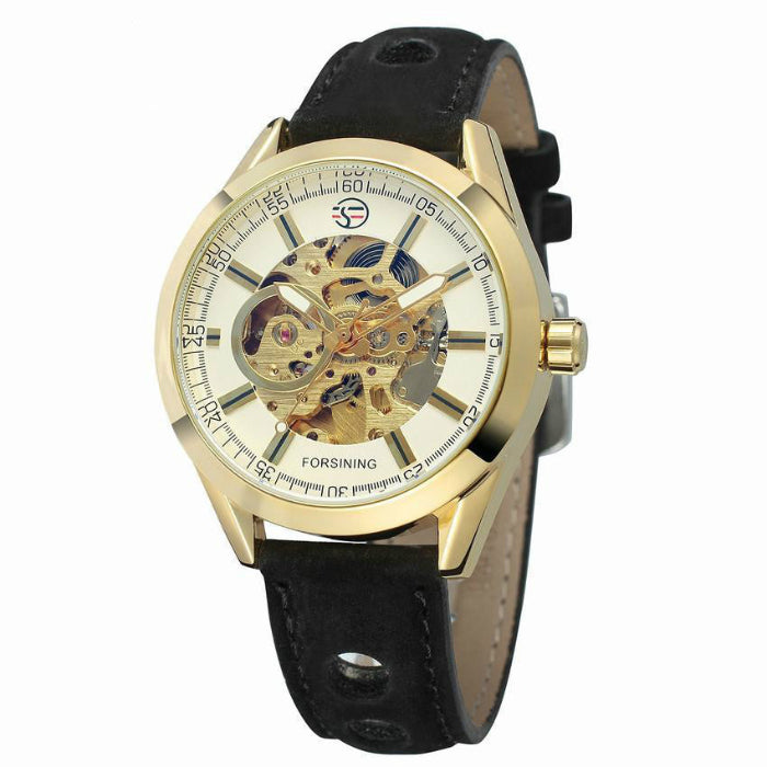 Gold wristwatch with black leather strap on a white background