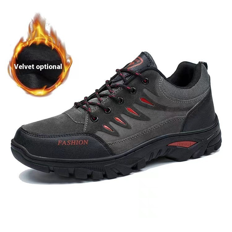 Gray hiking shoe with red accents on a white background, featuring a small inset of 'Fleece optional' text.