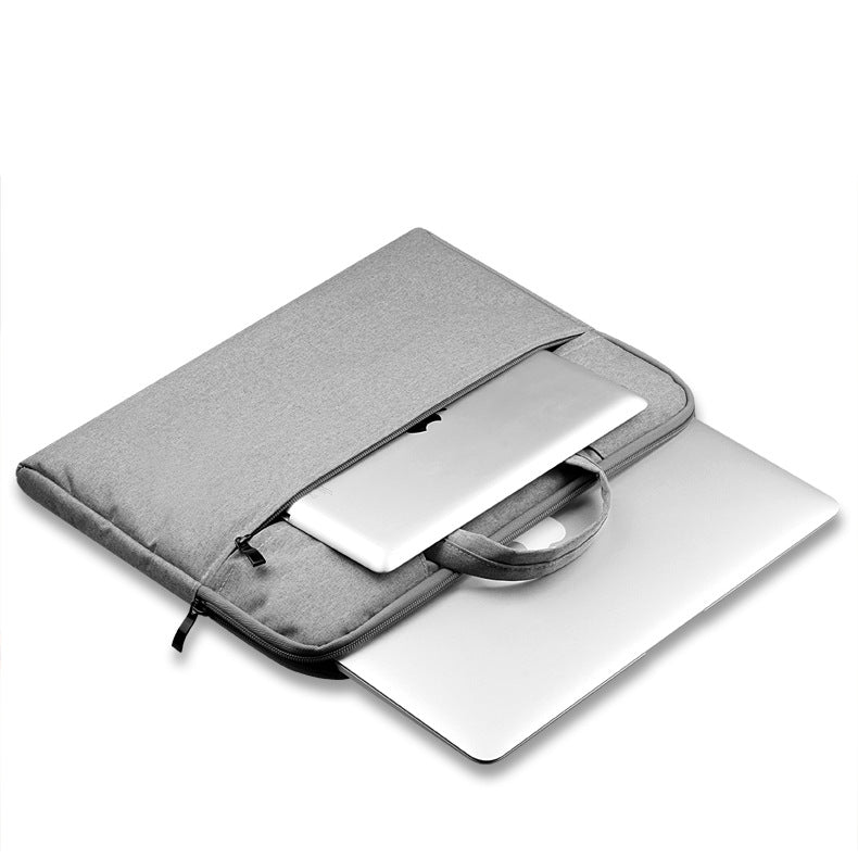 Gray laptop sleeve with a laptop inside on a white background