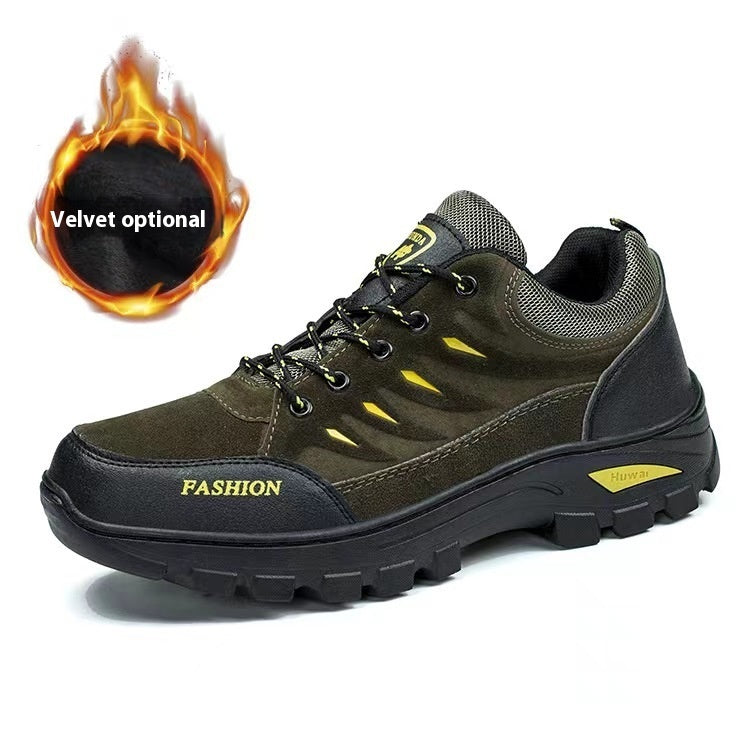 Olive-brown lace-up hiking sneaker with yellow accent stripes and chunky black outsole.