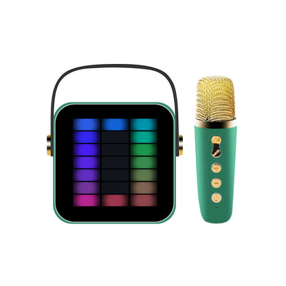 Green microphone with colorful display on a white background
