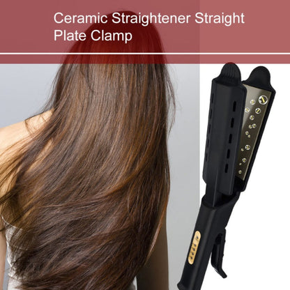 Hair straightener with a close-up of straightened hair on a gray background