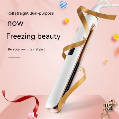 Hair straightener with decorative ribbons on a pink background