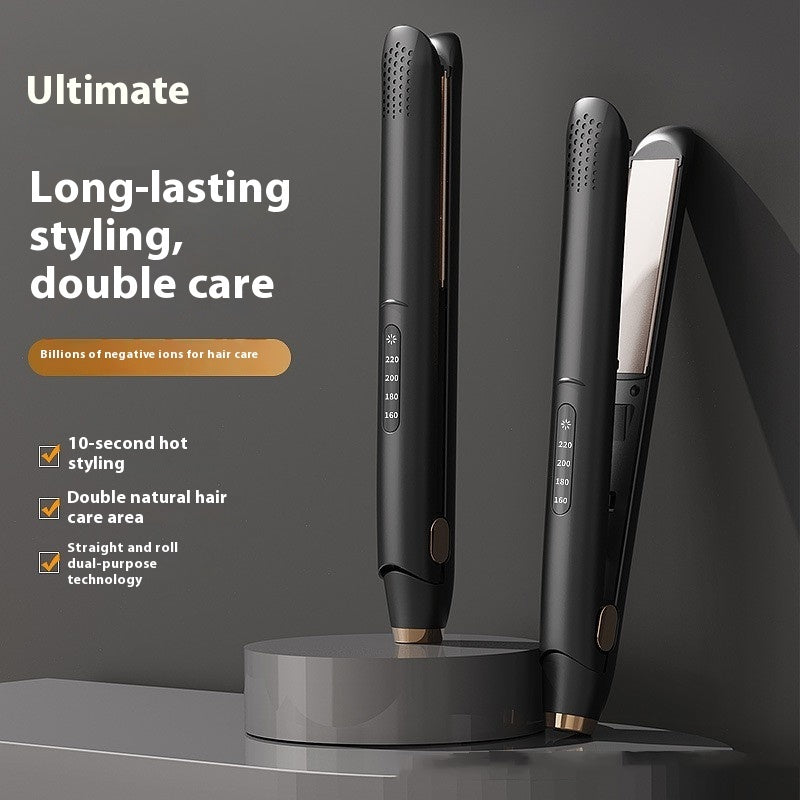 Hair straightener with digital display on a dark background, featuring text about its features.