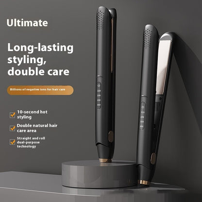 Hair straightener with digital display on a dark background, featuring text about its features.