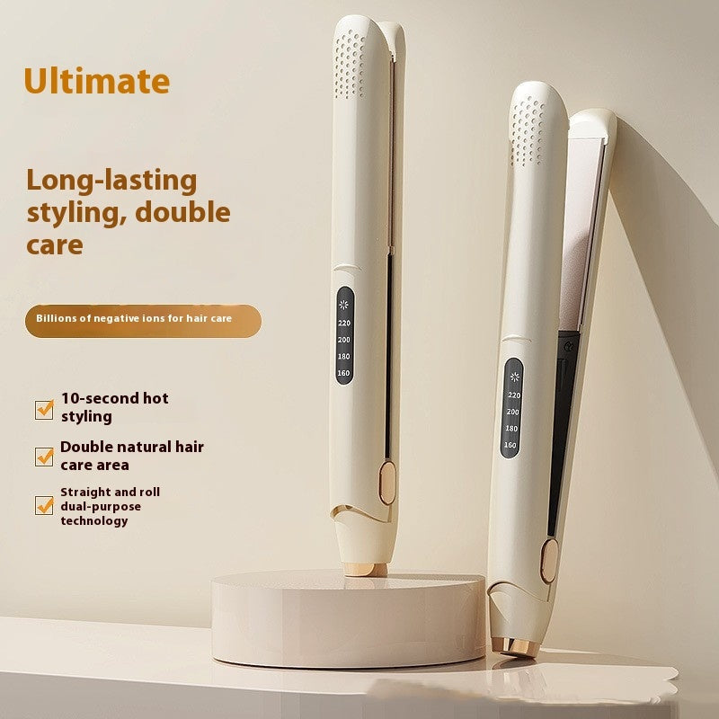 Hair straightener with features highlighted on a beige background