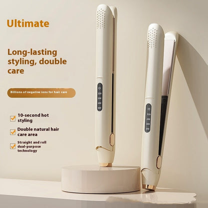 Hair straightener with features highlighted on a beige background