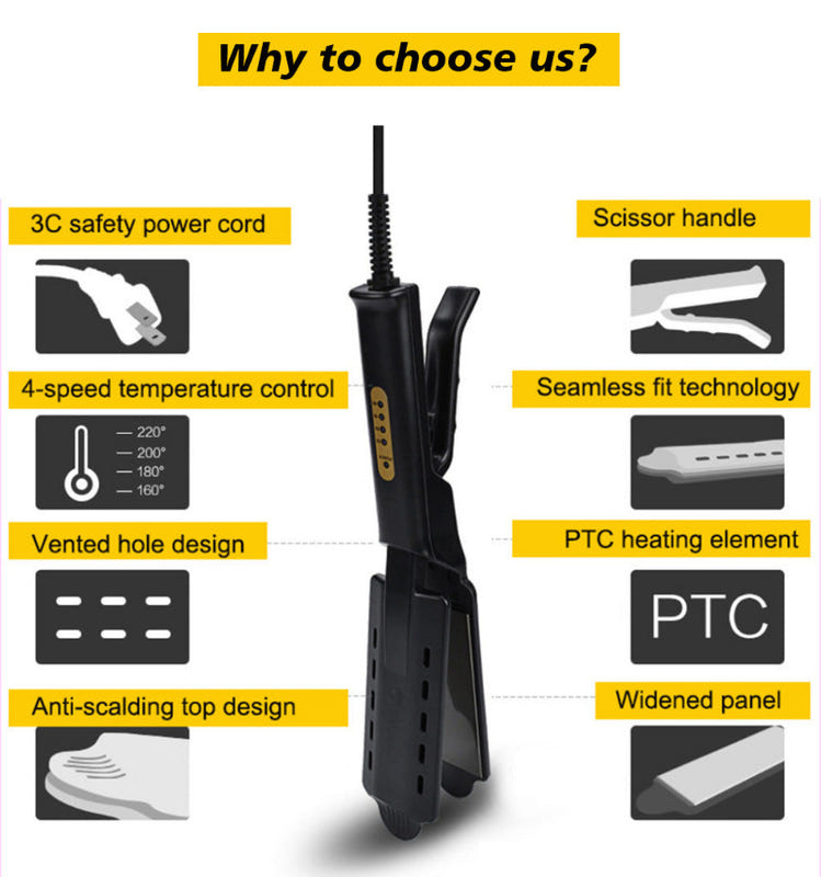 Black hair steam straightener with two heated plates and vertical handle